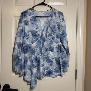 Y2K Elite Tahari black/blue coral long sleeve asymmetrical blouse, size XS